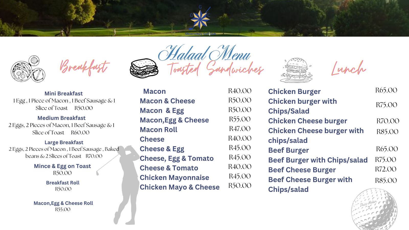 Halfway House halaal menu — breakfast, toasted sandwiches and lunch