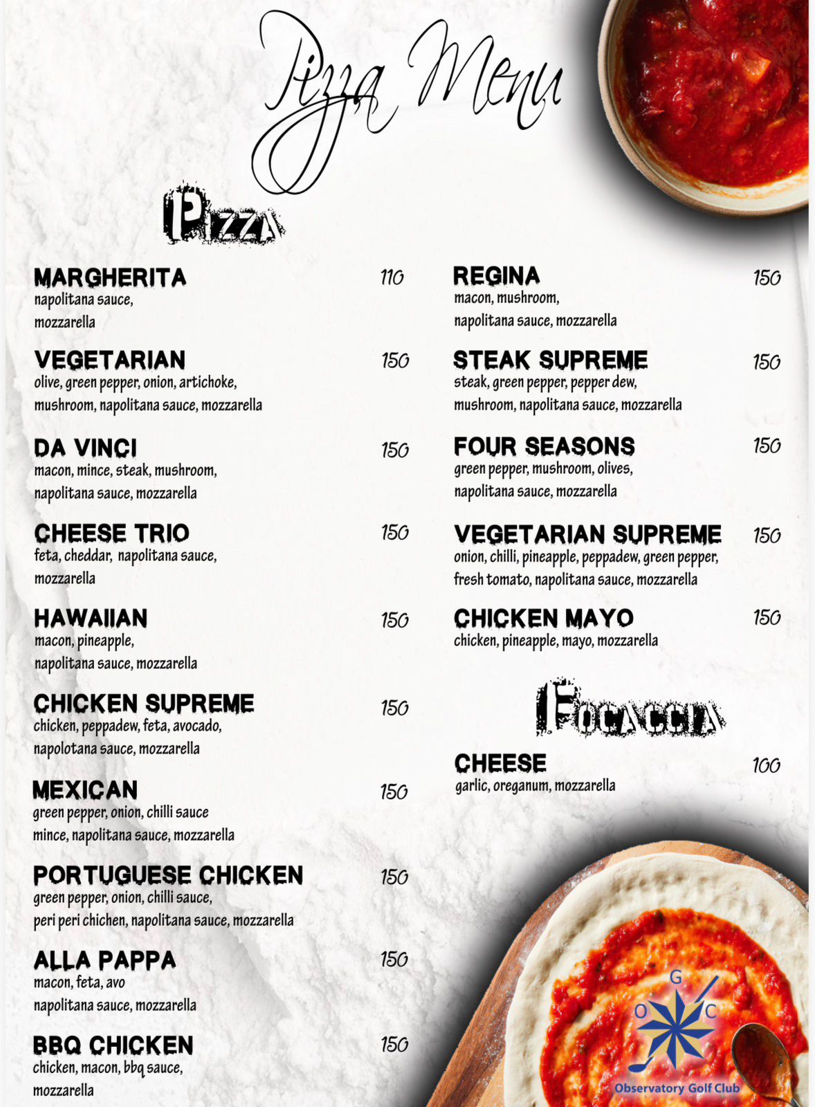 Observatory Golf Club pizza menu