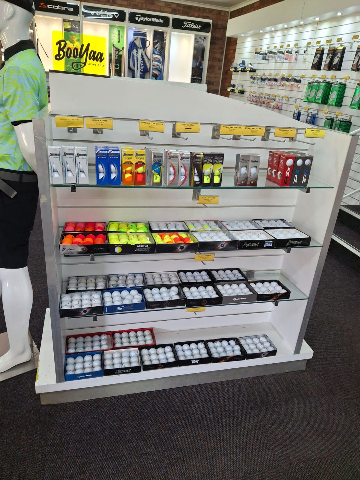 Golf balls and accessories on display in the pro shop